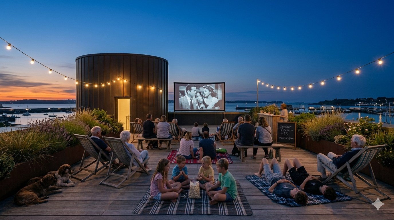 Outdoor cinema on the Octopus Terrace at dusk — string lights, deckchairs, families on picnic blankets, a black-and-white film on screen, the bronze atrium tower behind, the harbour and Castle Cornet beyond